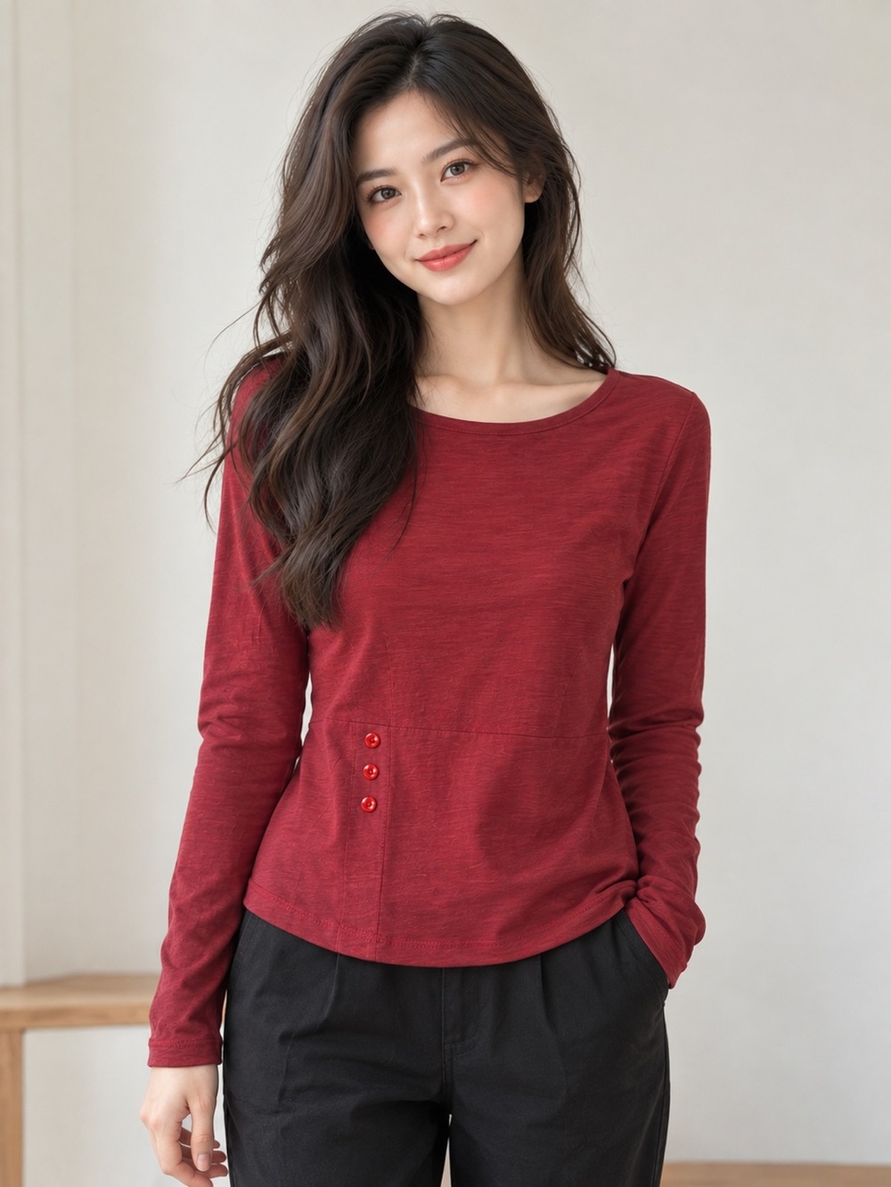 Women’s Long Sleeve Crewneck Top in Deep Red